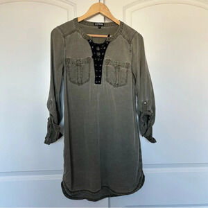 Express Women’s Olive Green Shirt Dress with Front Lace - Small.